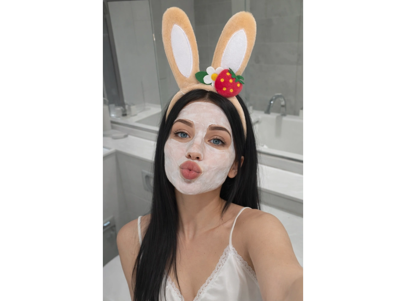 Bej Renk Kulak Figürlü Çilek Detaylı Peluş Taç