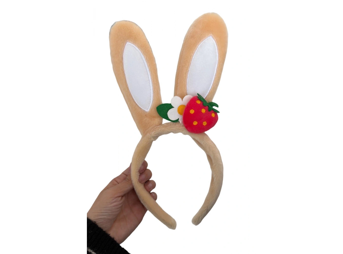 Bej Renk Kulak Figürlü Çilek Detaylı Peluş Taç