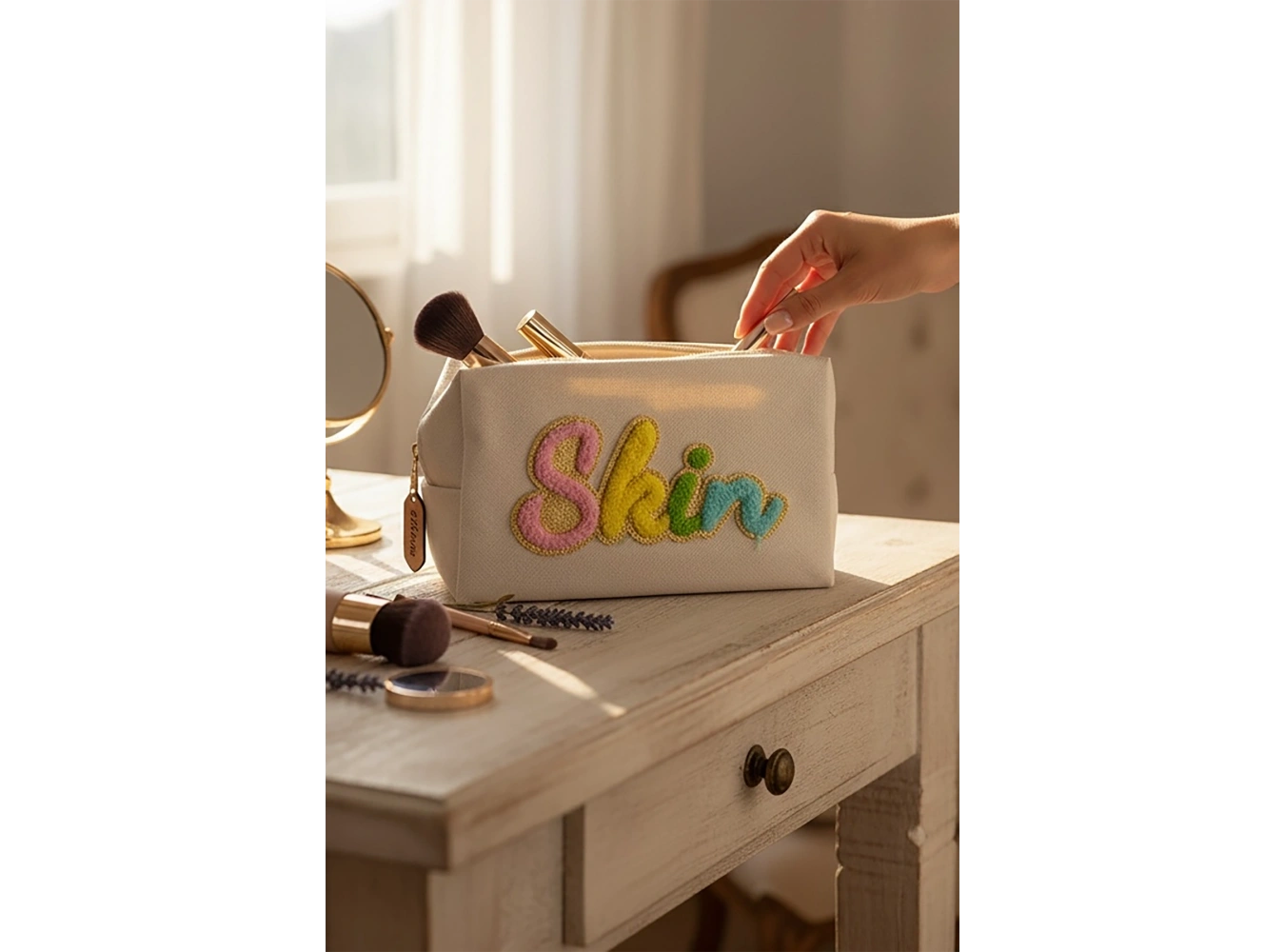Bej Renk Skin Yazılı Makyaj Çantası