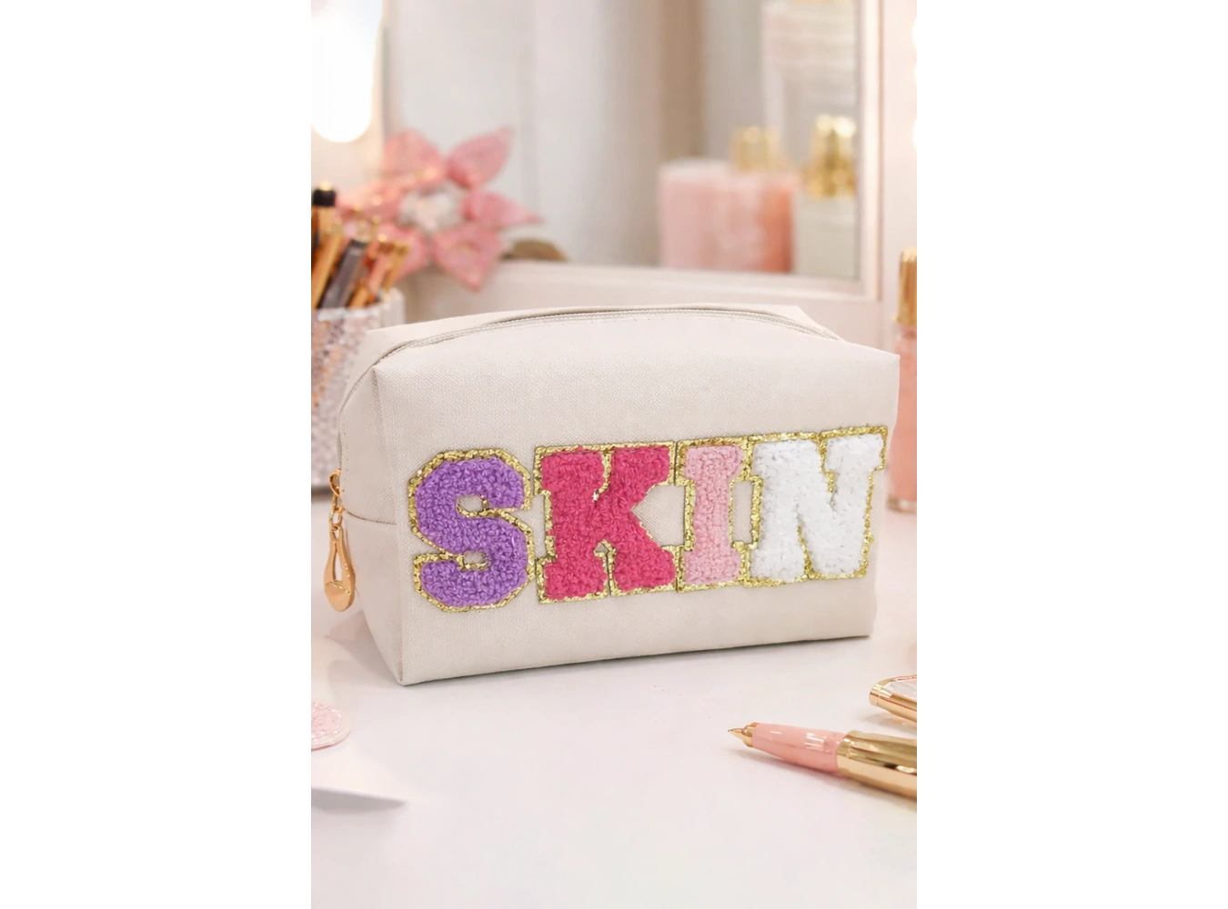 Bej Renk Skın Yazılı Makyaj Çantası