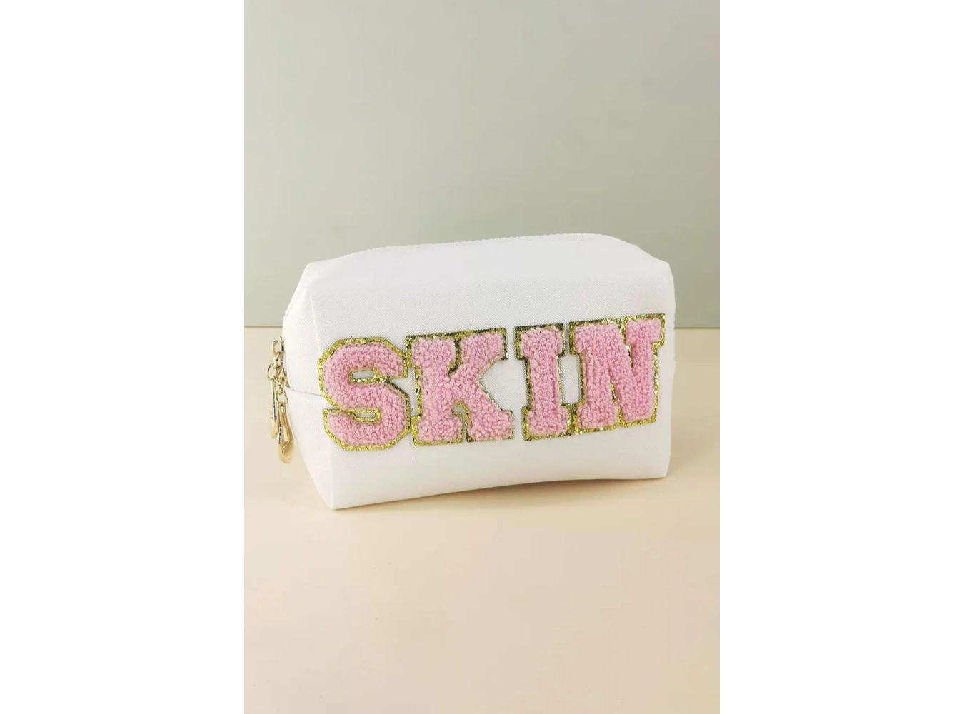 Bej Renk Skın Yazılı Makyaj Çantası
