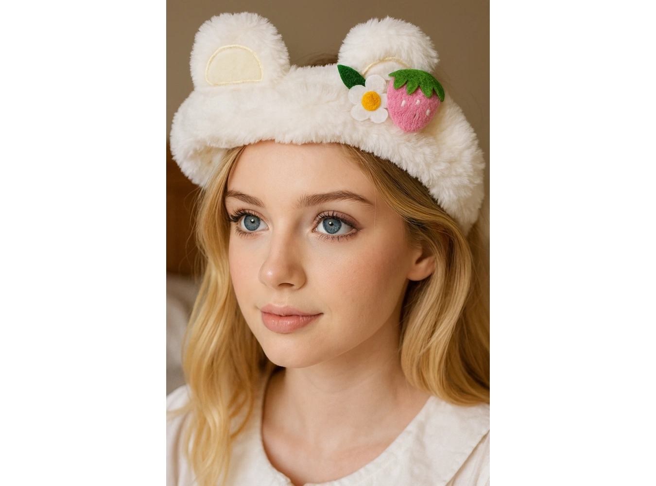 Beyaz Renk Çilek Figürlü Peluş Saç Bandı