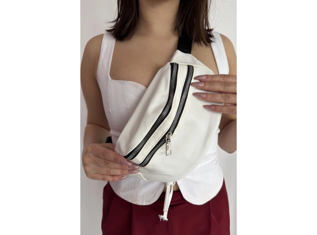 Beyaz Renk Deri Bel Çantası