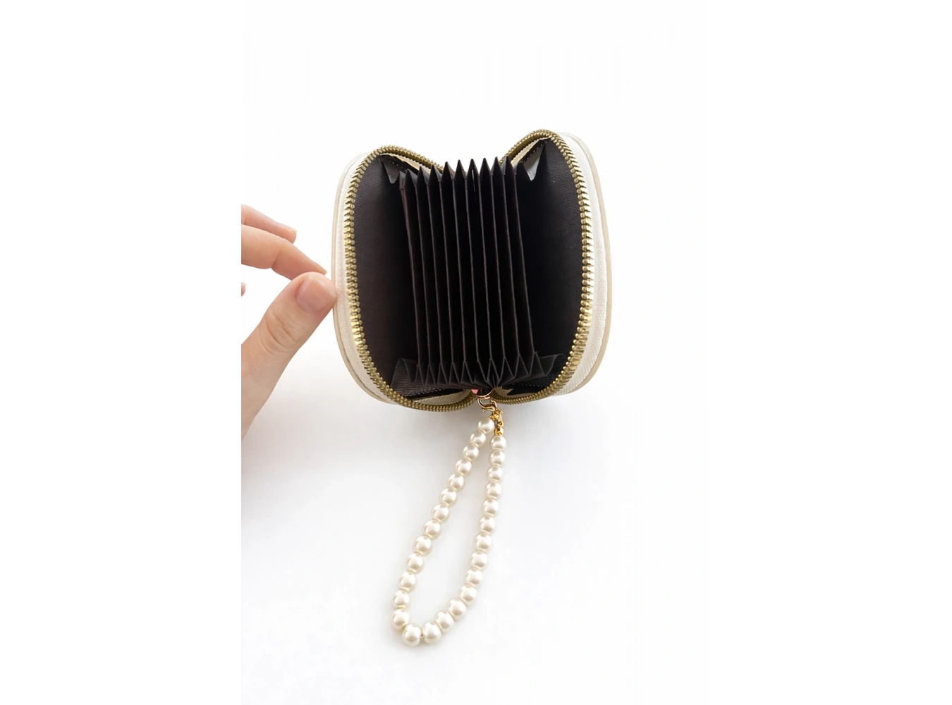 Beyaz Renk İnci Detaylı Deri Kadın Cüzdan/Kartlık