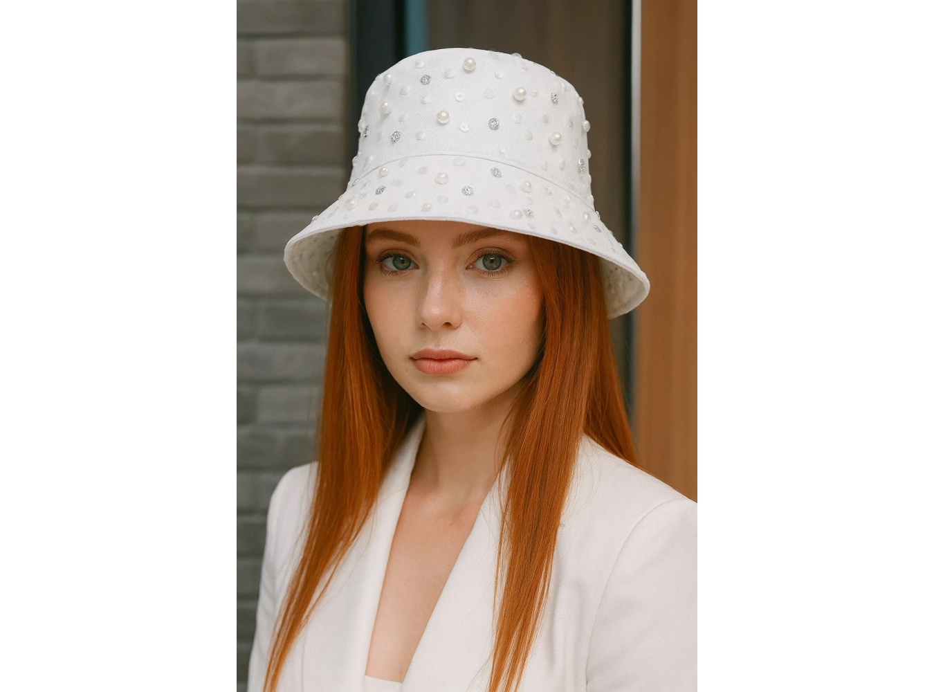 Beyaz Renk İnci Detaylı Kalp Figürlü Tasarım Şapka