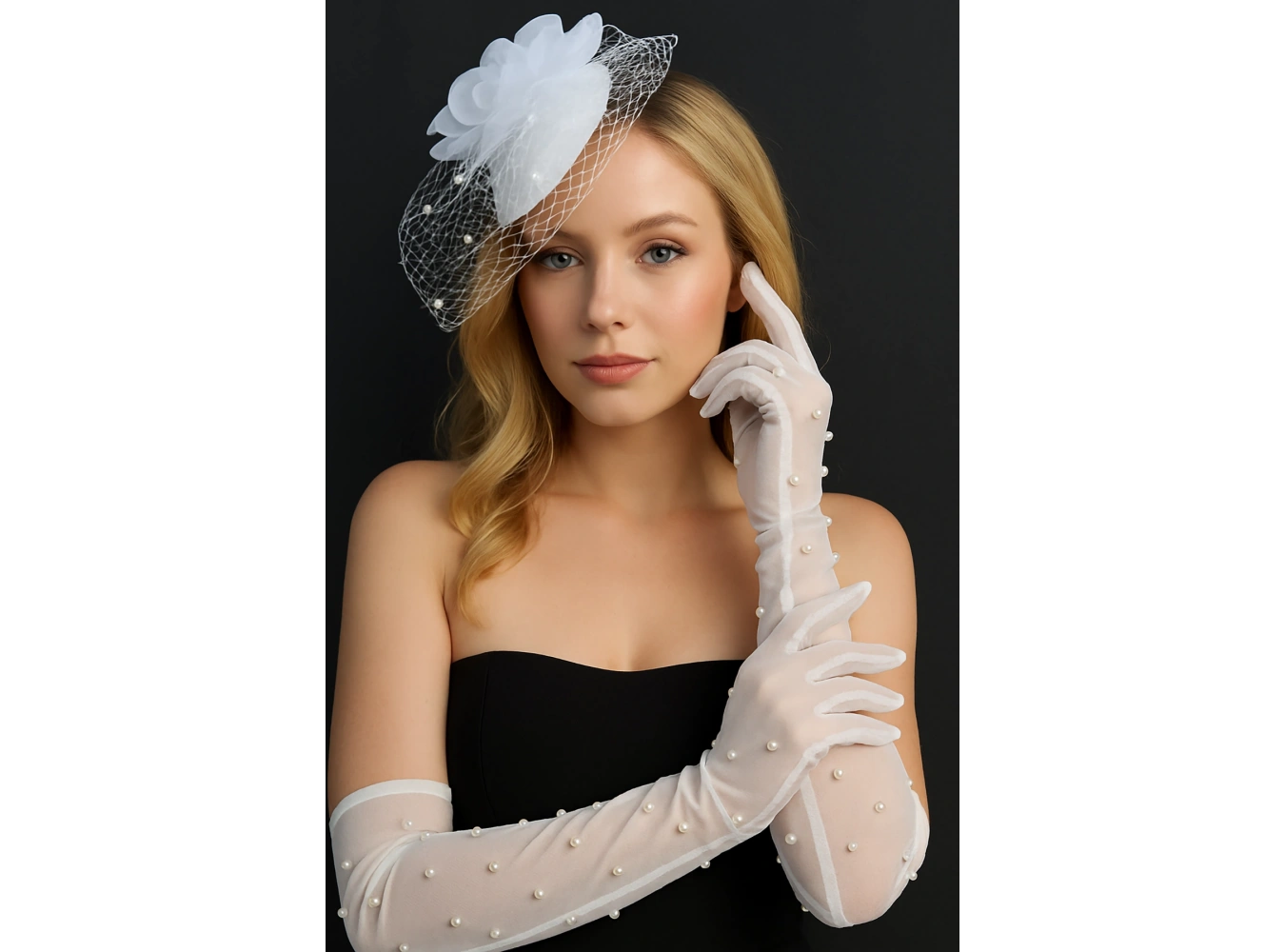 Beyaz Renk İnci Ve Tül Detaylı Şık Uzun Gelin Eldiveni Nikah/Düğün/Parti/Kostüm Eldiveni