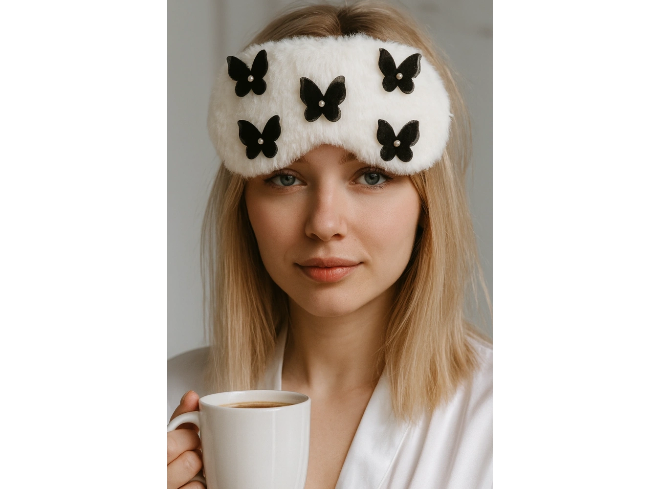 Beyaz Renk Kelebek Figürlü İnci Detaylı Peluş Uyku Bandı