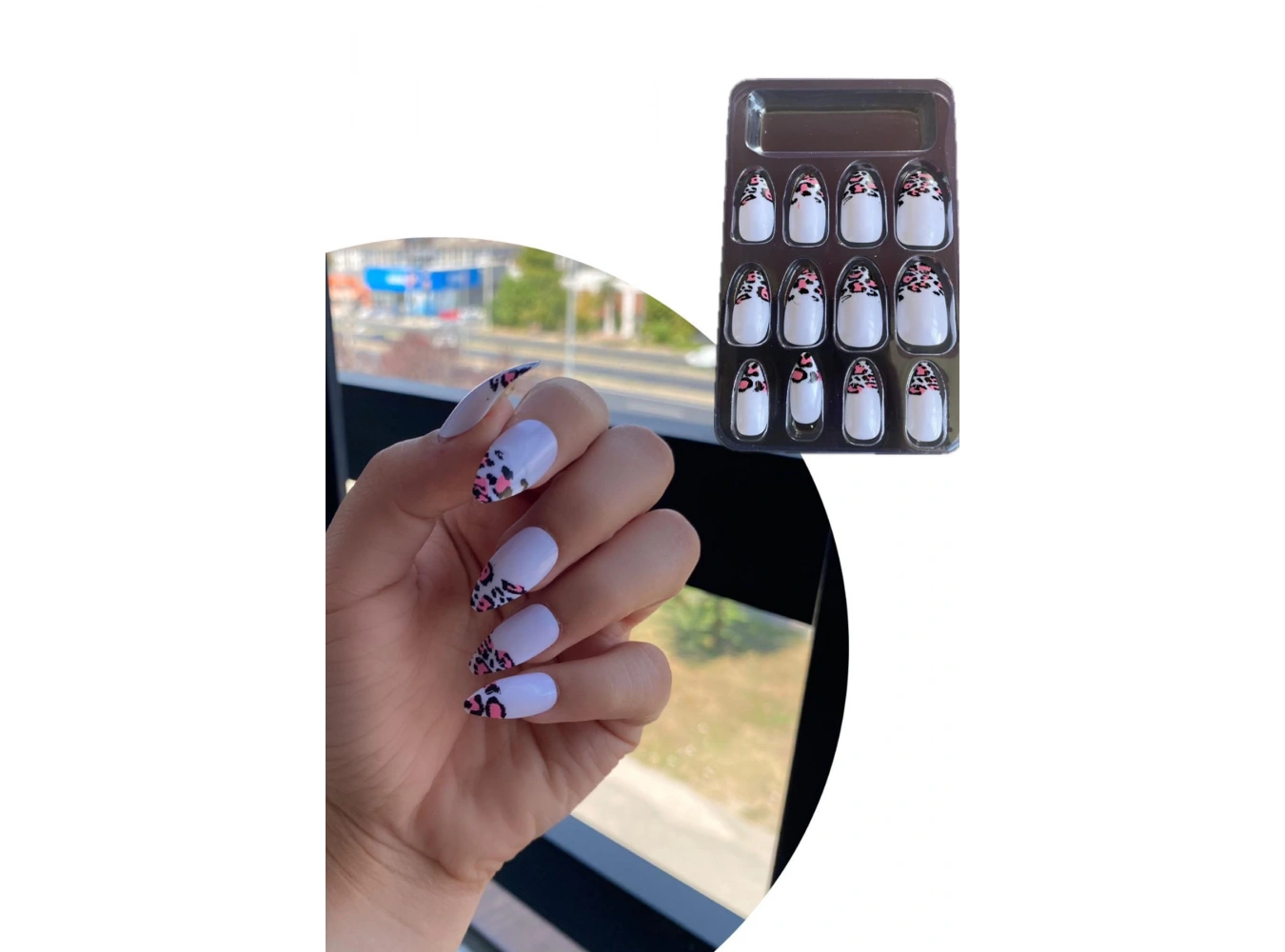 Beyaz Renk Leopar Desenli 12li Takma Takma Tırnak (Yapıştırıcılı)