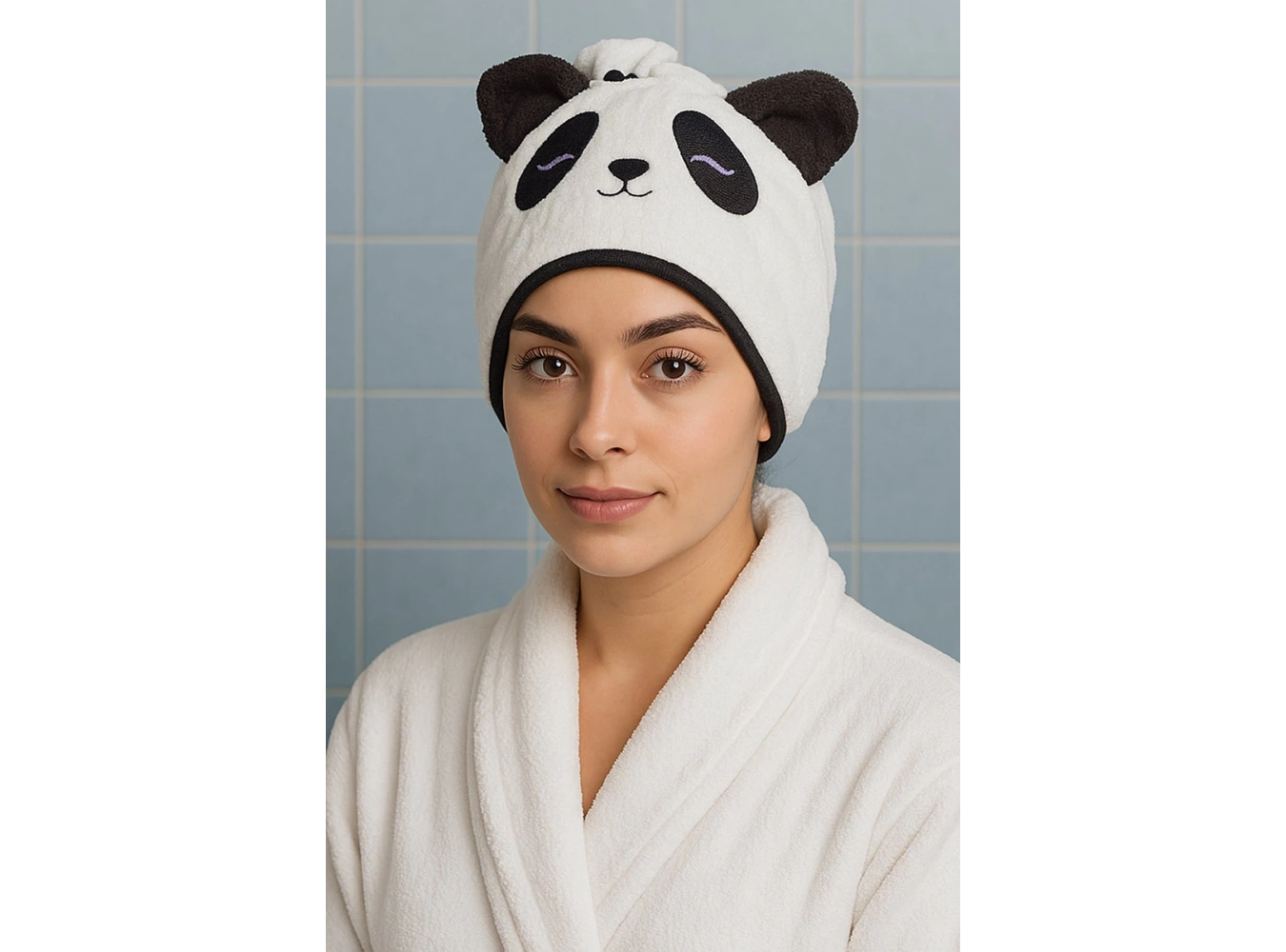 Beyaz Renk Panda Figürlü Saç Havlusu/ Bonesi Lastikli