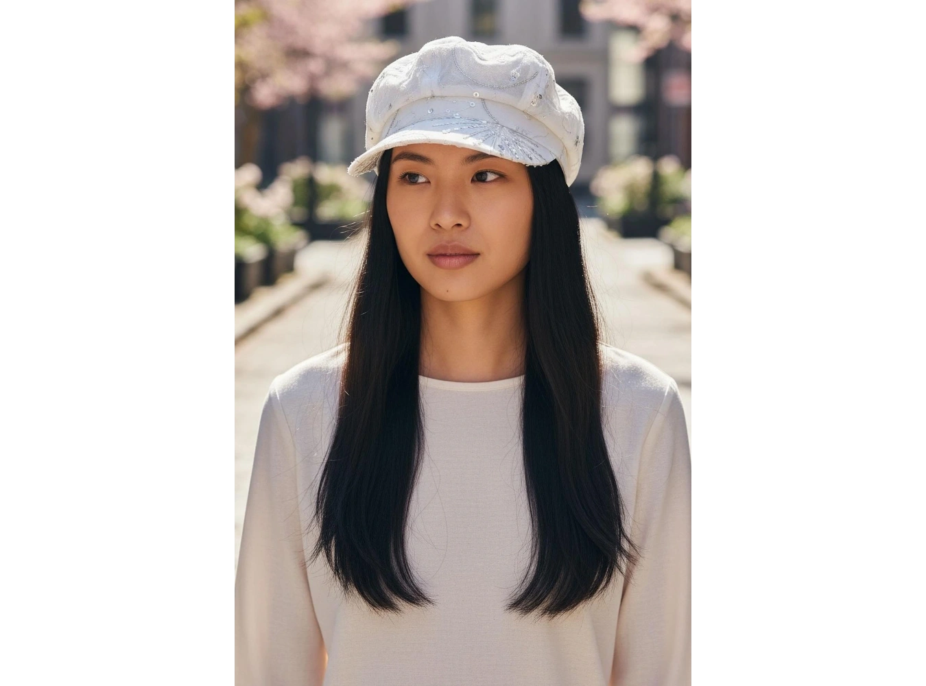 Beyaz Renk Pul Detaylı Tasarım Şapka