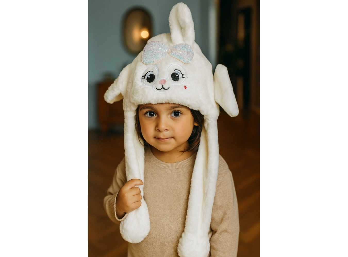 Beyaz Renk Tavşan Figürlü Kulakları Oynayan Peluş Şapka