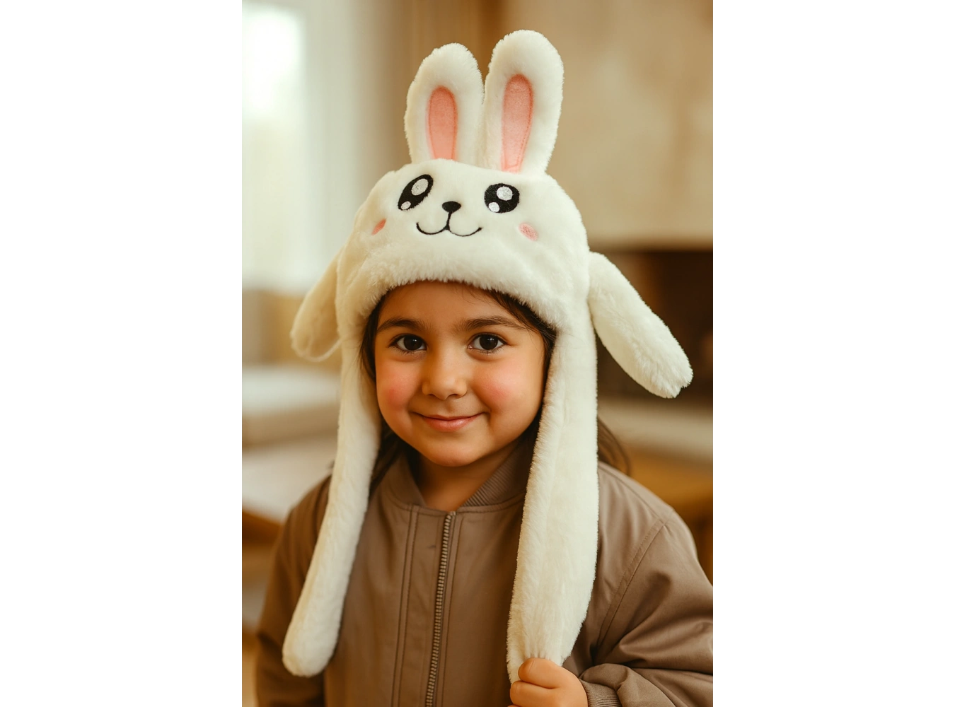 Beyaz Renk Tavşan Figürlü Kulakları Oynayan Peluş Şapka