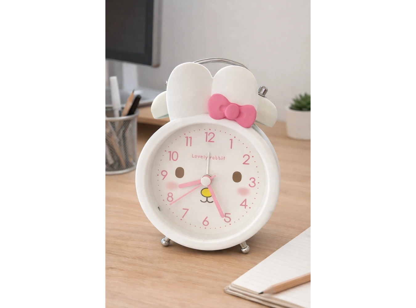 Beyaz Renk Tavşan Figürlü Mini Dekoratif Işıklı Alarmlı Yuvarlak Masa Saati