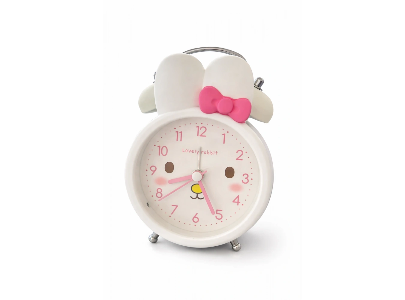 Beyaz Renk Tavşan Figürlü Mini Dekoratif Işıklı Alarmlı Yuvarlak Masa Saati