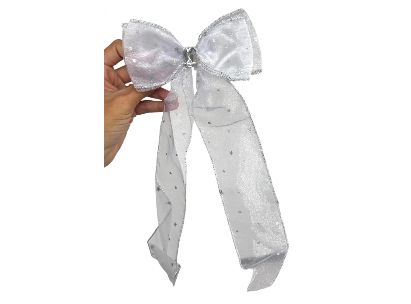 Beyaz  Renk Yıldız Detaylı Taşlı Kurdele Otomat Toka