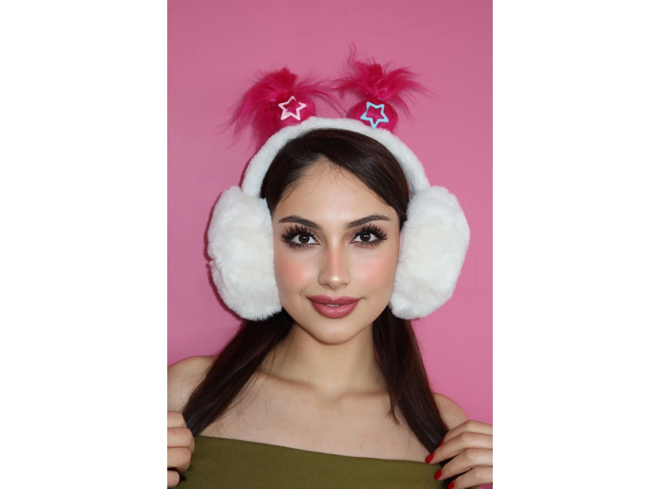Beyaz Ve Fuşya Renk Saç Detaylı Peluş Kulaklık