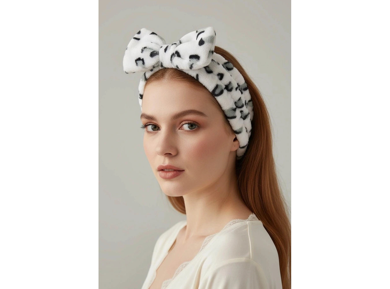 Beyaz Ve Gri Renk Kurdele Figürlü Leopar Desenli Saç Bandı