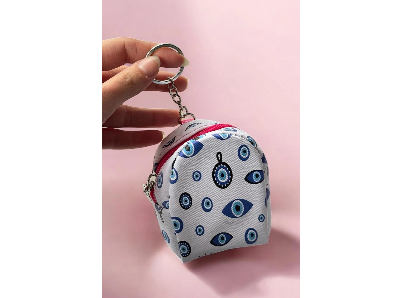 Beyaz Ve Mavi Renk Nazar Boncuğu Figürlü Anahtarlık Cüzdan