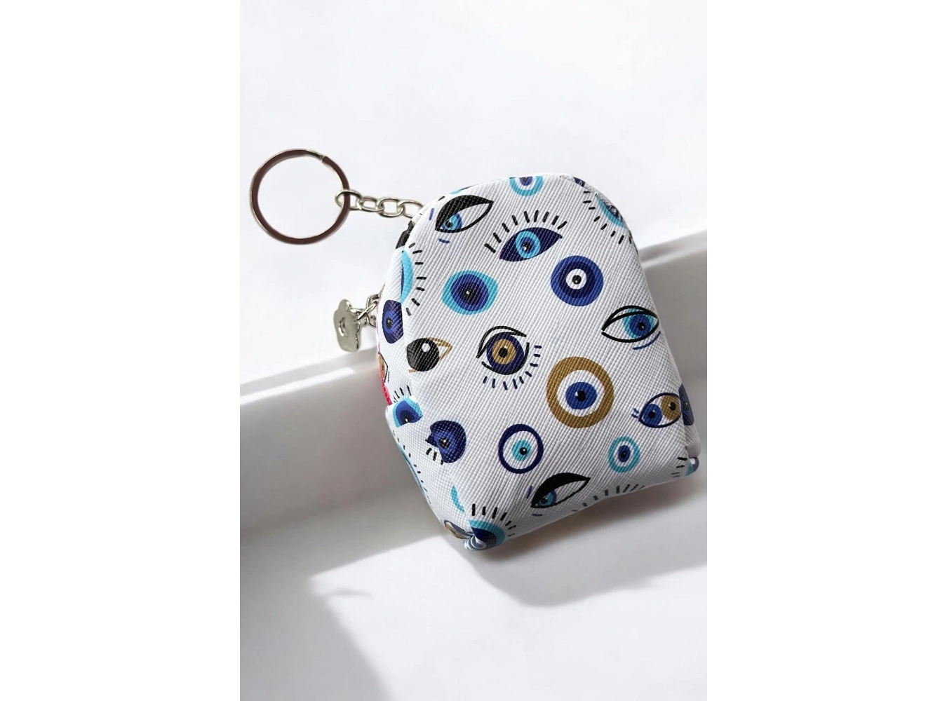 Beyaz Ve Mavi Renk Nazar Boncuğu Figürlü Anahtarlık Cüzdan