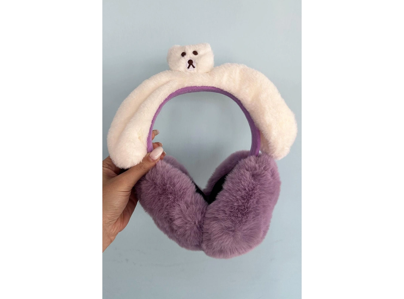 Beyaz Ve Mor Renk Ayıcık Figürlü Peluş Kulaklık