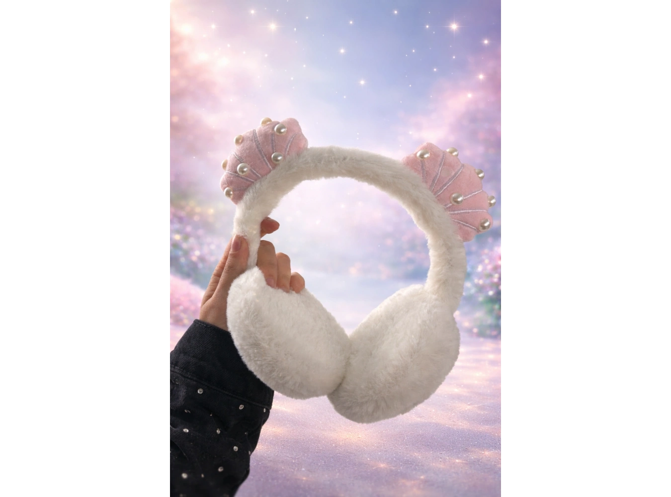 Beyaz Ve Pembe Renk Deniz Kabuğu Figürlü Peluş Kulaklık