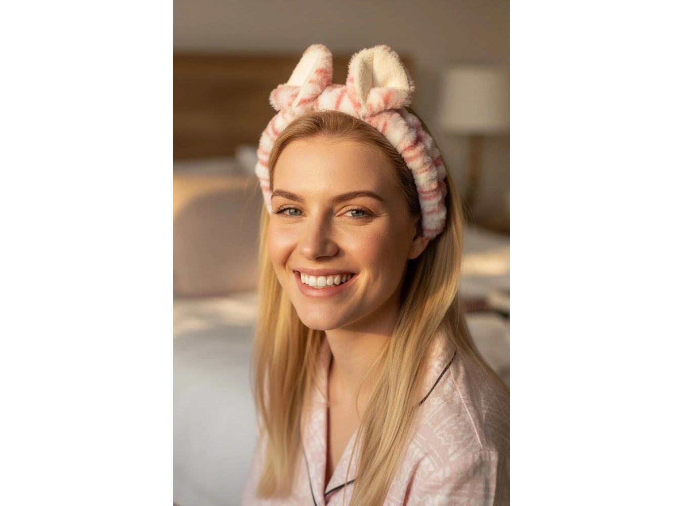 Beyaz Ve Pembe Renk Kulak Detaylı Peluş Saç Bandı