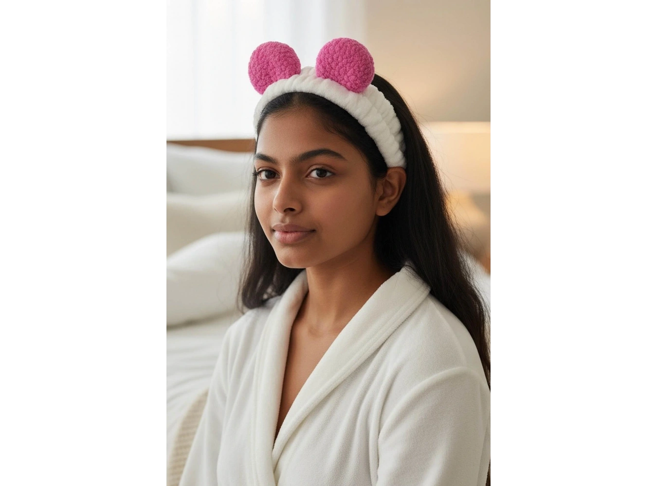 Beyaz Ve Pembe Renk Kulak Detaylı Peluş Saç Bandı