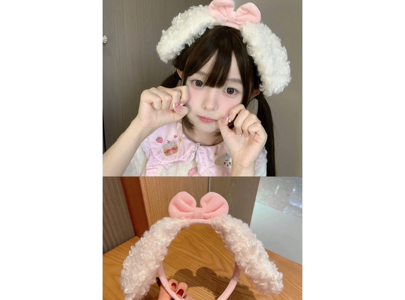 Beyaz Ve Pembe Renk Kurdele Figürlü Kulak Detaylı Peluş Taç