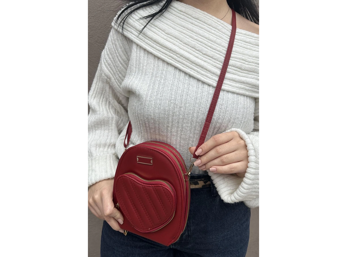 Bordo Renk Kalp Detaylı Deri Kadın Çanta