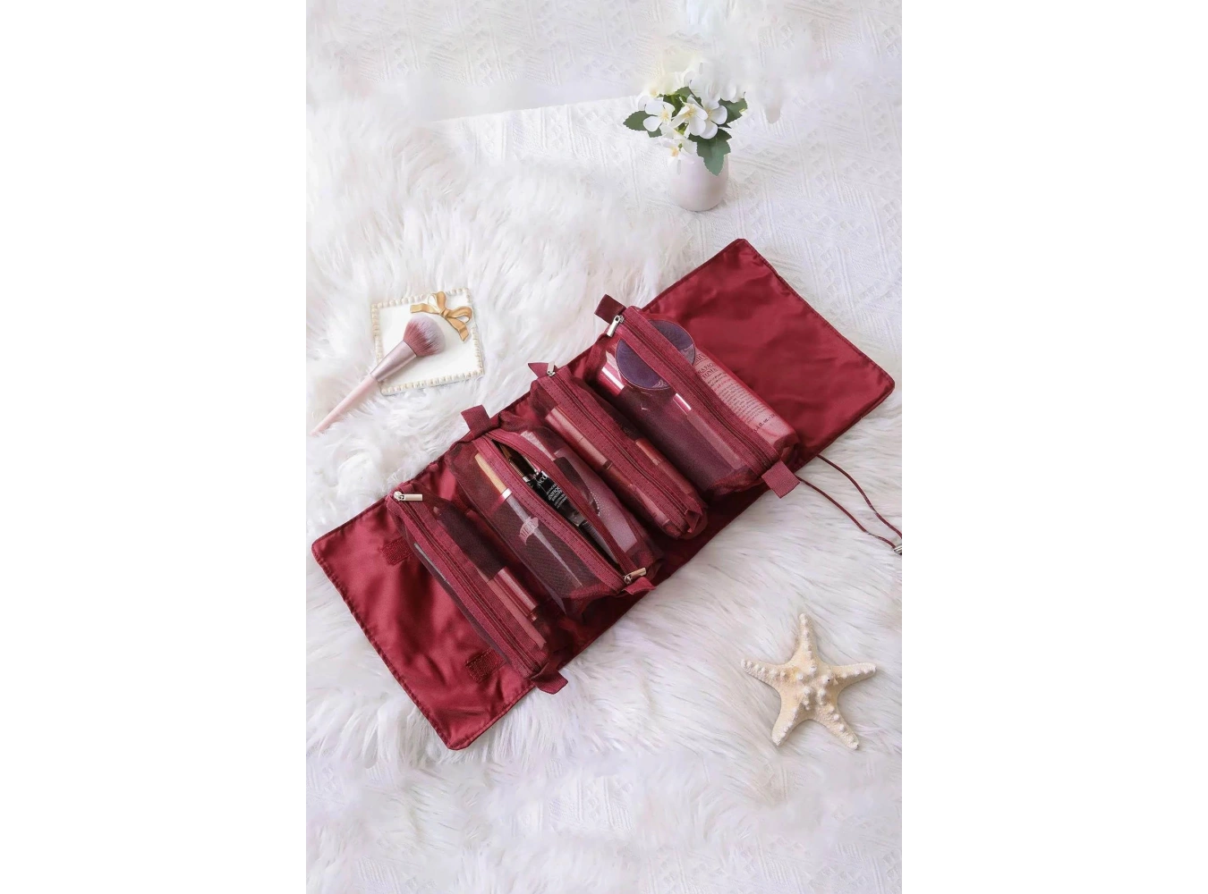 Bordo Renk Kozmetik Kişisel Bakım Rulo Haline Gelen Çanta