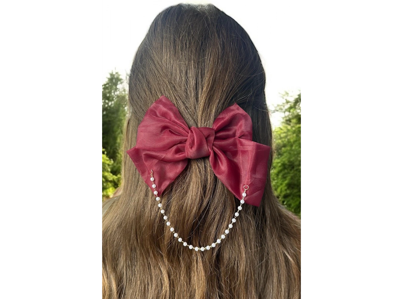 Bordo Renk Kurdele Figürlü İnci Detaylı Otomat Toka