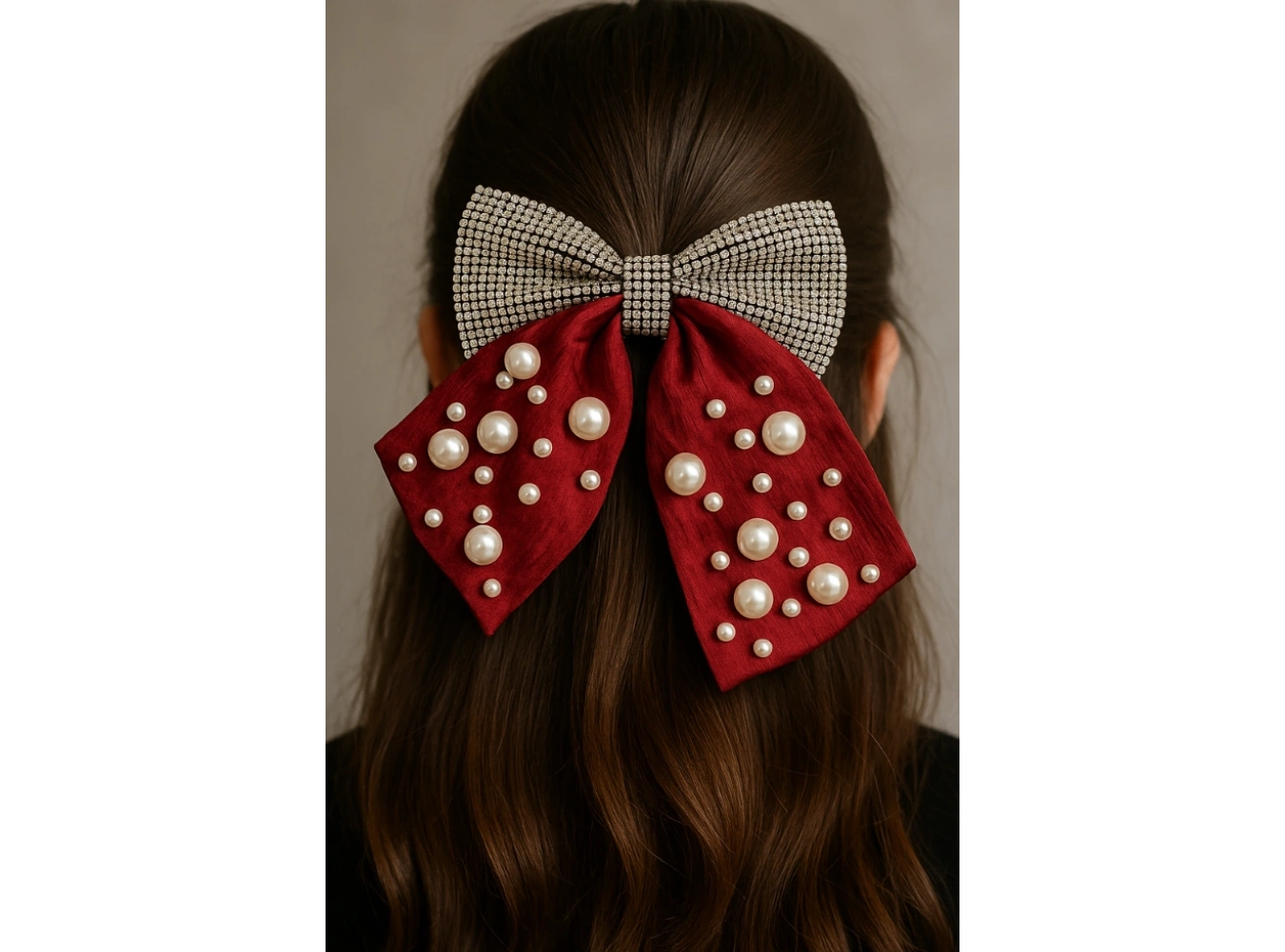 Bordo Renk Kurdele Figürlü İnci Ve Taş Detaylı Otomat Toka