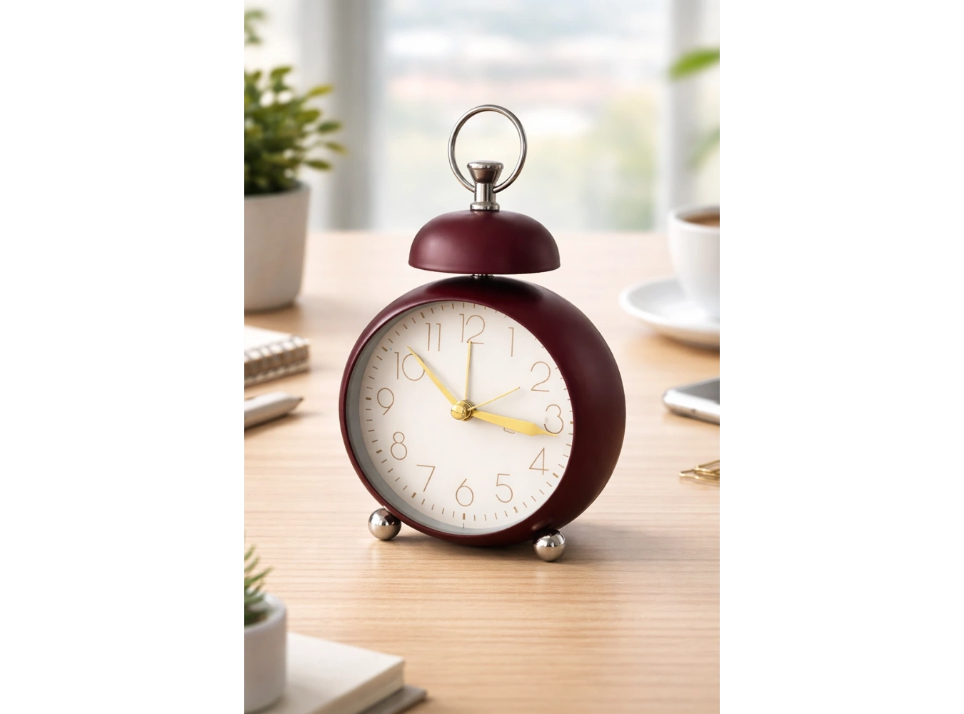 Bordo Renk Mini Dekoratif Işıklı Alarmlı Yuvarlak Masa Saati