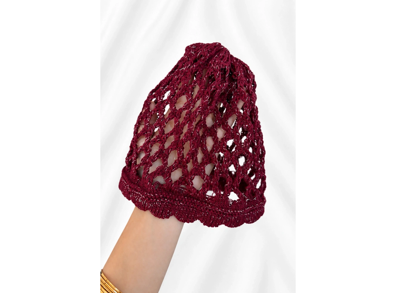 Bordo Renk Simli File Örgü Saç Bandana
