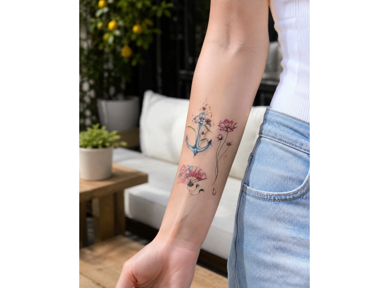 Çapa Çiçek Yelpaze Mini Geçici Dövme Tattoo