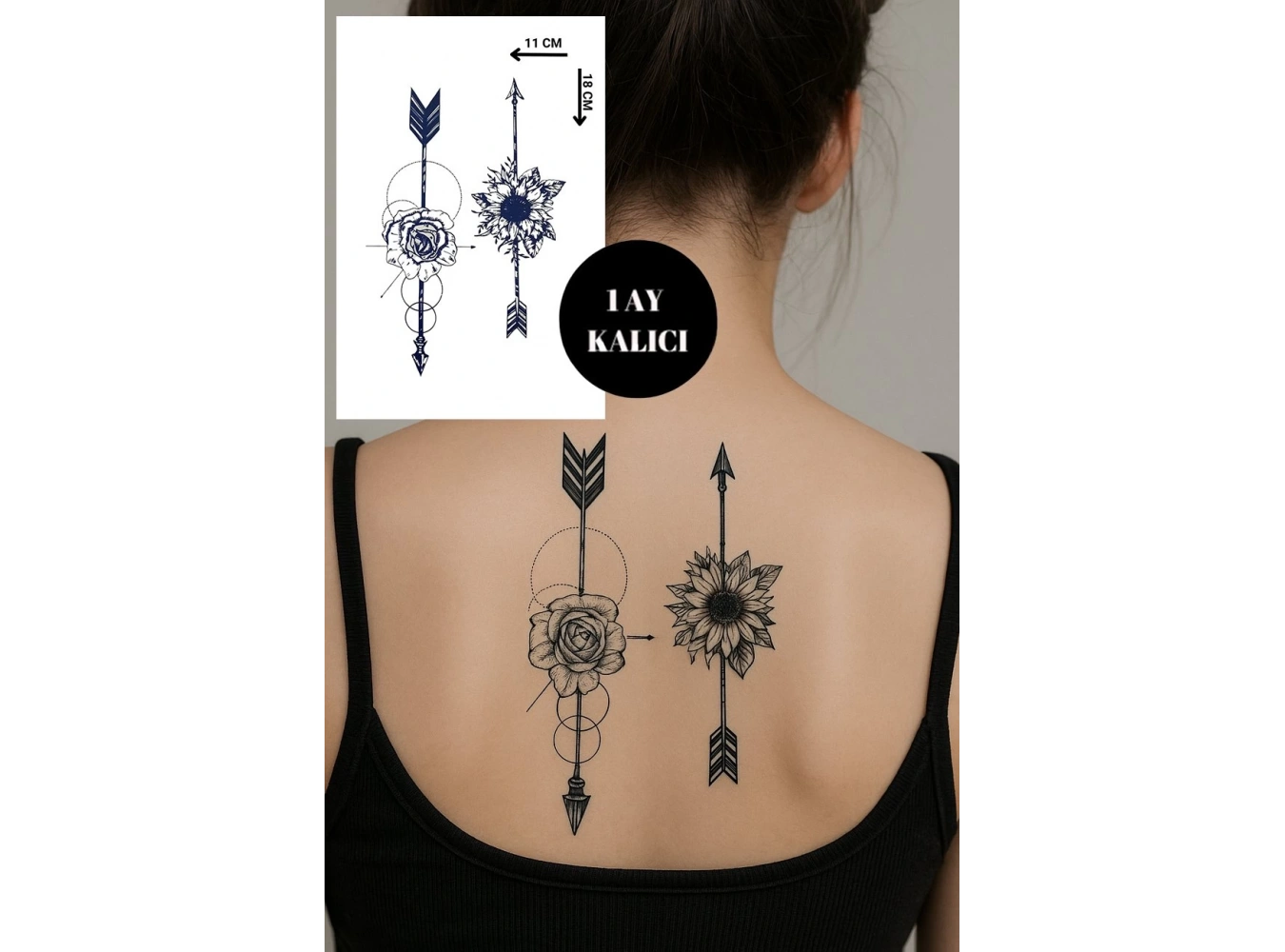 Çiçek Figürlü Ok Detaylı 12 Saat Sonra Kararan Geçici Dövme Tattoo