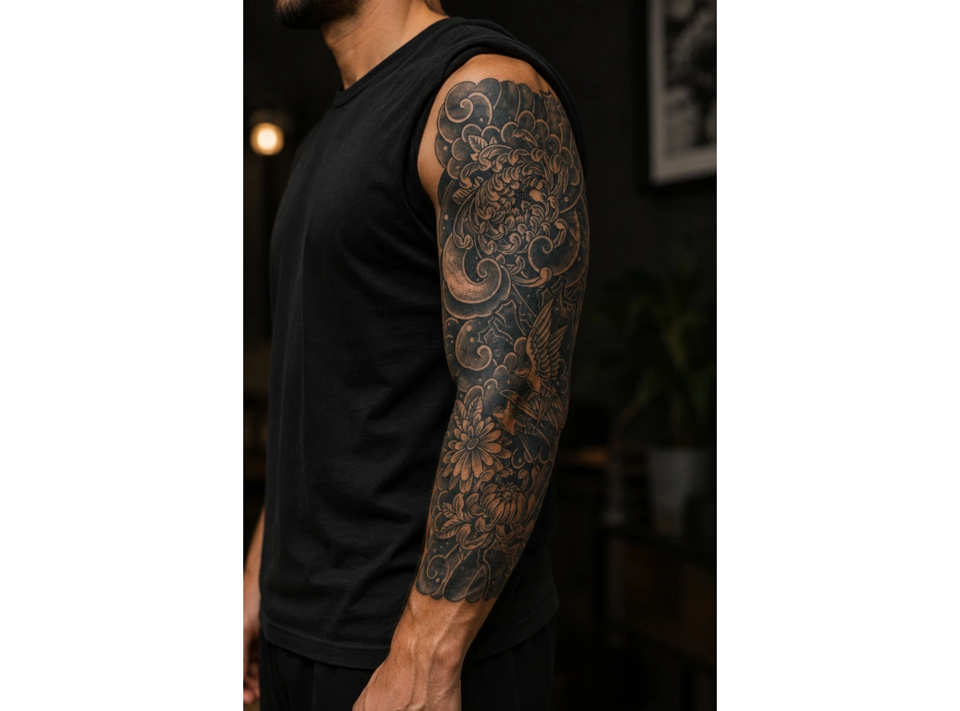 Çiçekli Ve Kuşlu Sonradan Kararan Yarı Kalıcı Geçici Kol Dövme Tattoo