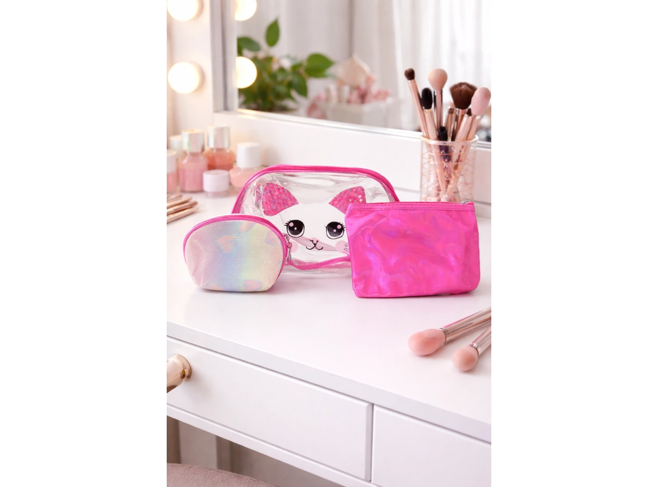 Fuşya Renk 3lü Makyaj Çantası