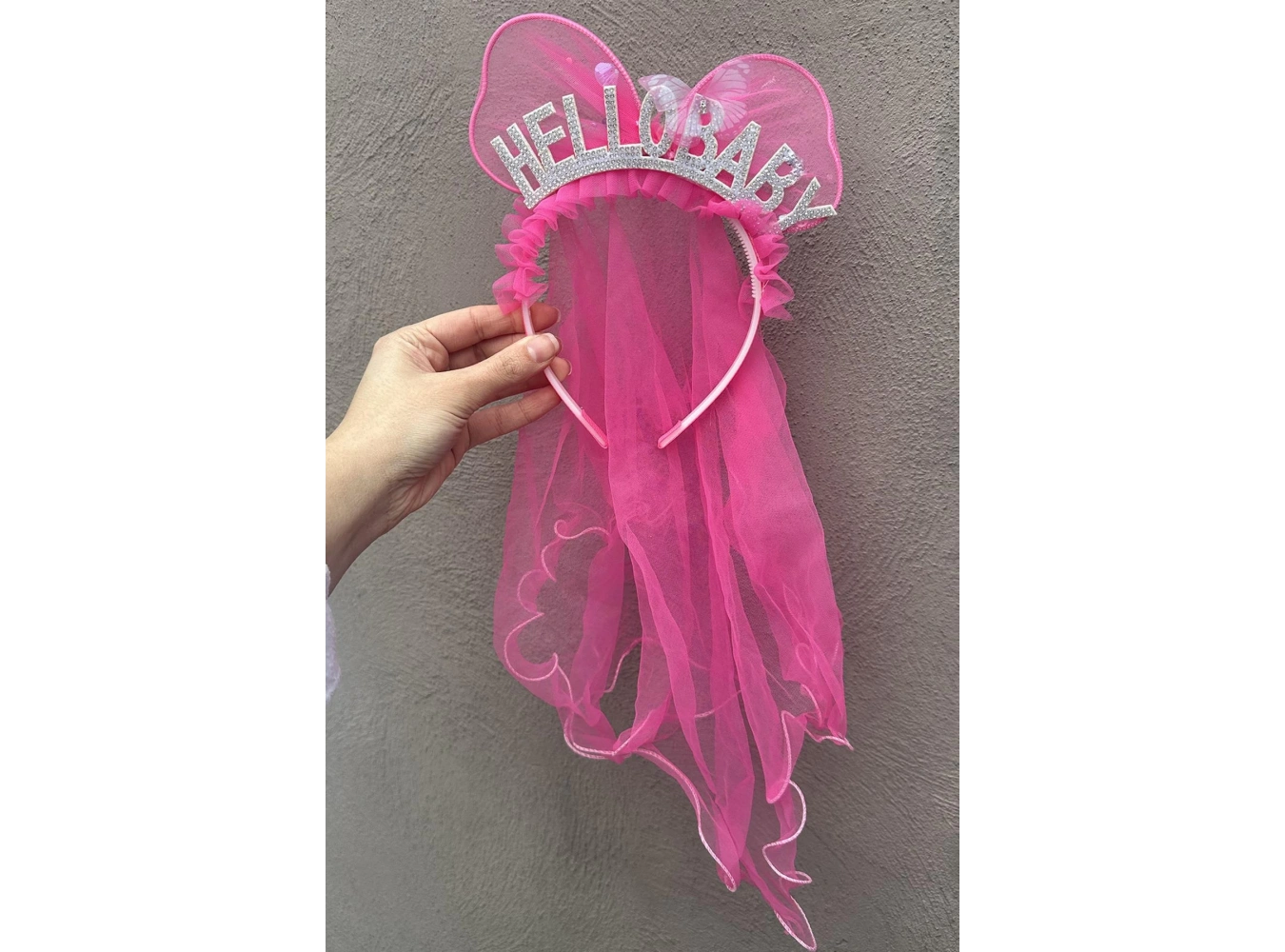 Fuşya Renk Hello Baby Yazılı Tül Detaylı Taç