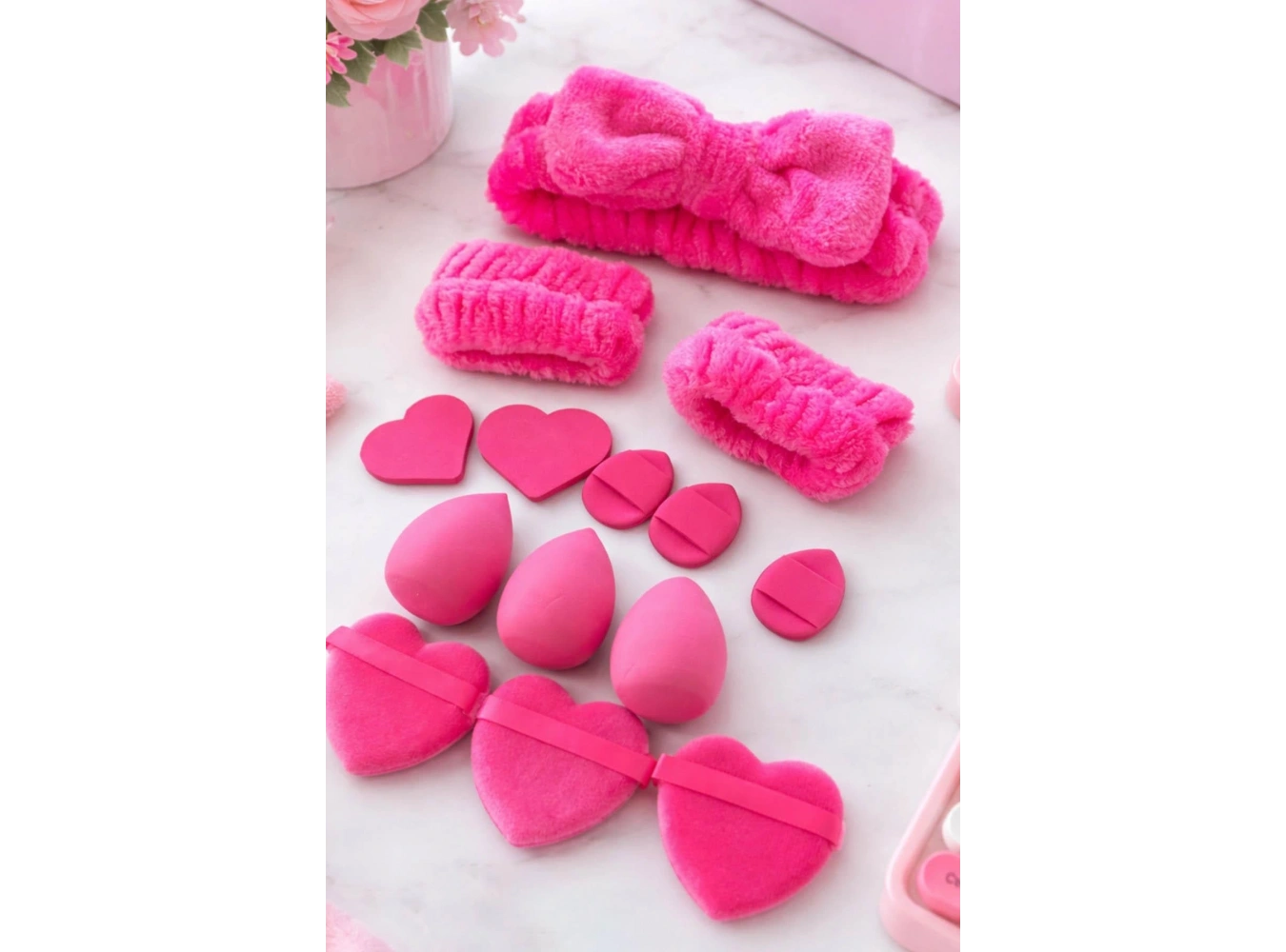 Fuşya Renk Kurdele Figürlü Su Emici Havlu Bileklik/Saç Bandı/Makyaj Süngeri Set