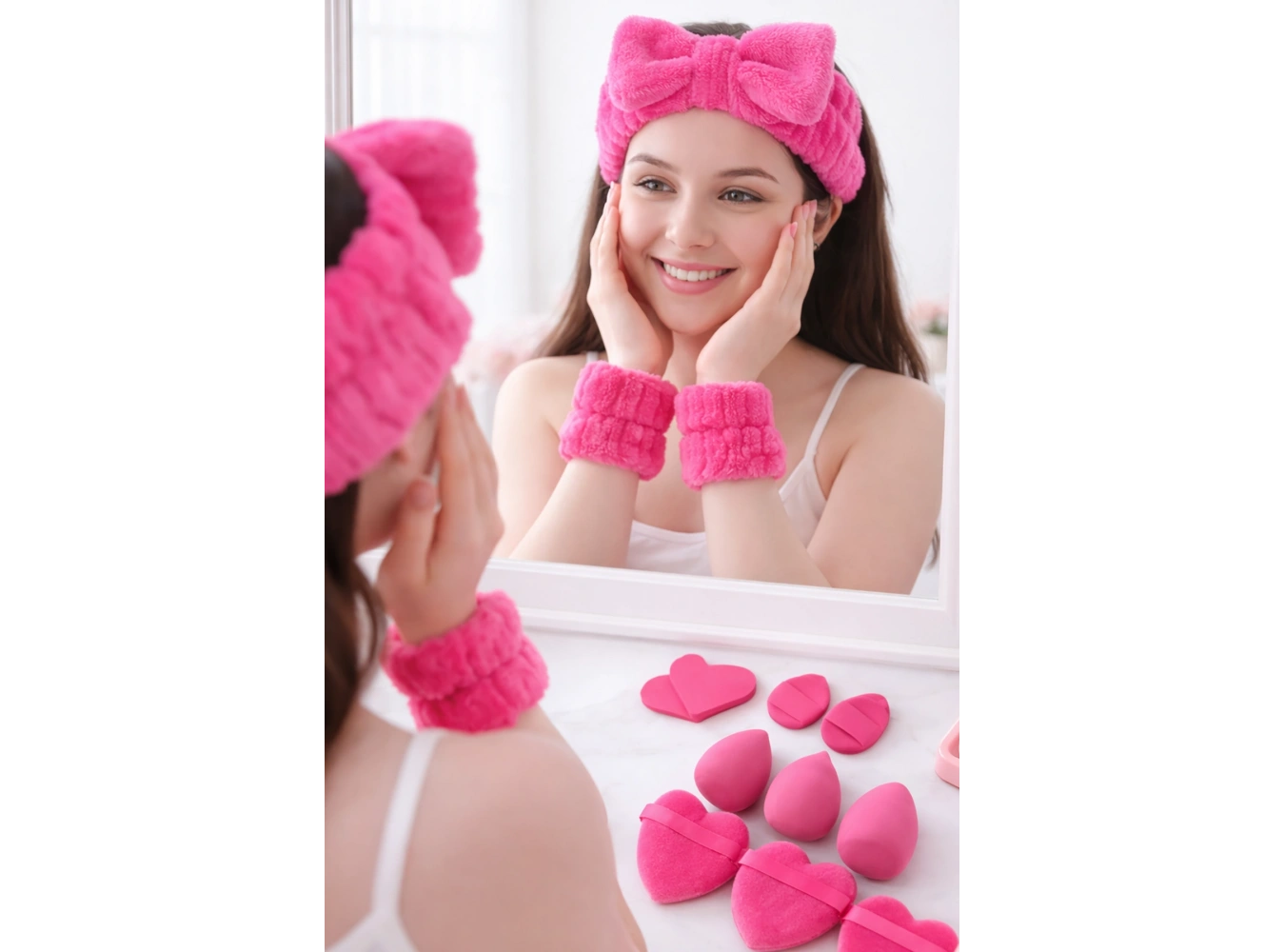 Fuşya Renk Kurdele Figürlü Su Emici Havlu Bileklik/Saç Bandı/Makyaj Süngeri Set