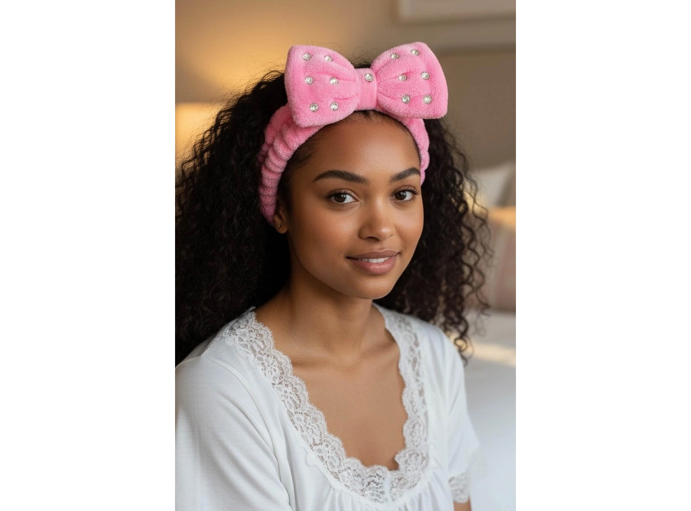 Fuşya Renk Kurdele Figürlü Taş Detaylı Peluş Saç Bandı