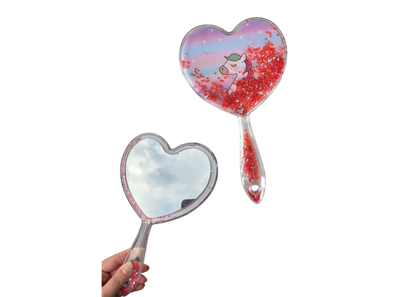 Fuşya Renk Pul Detaylı Unicorn Figürlü El Aynası