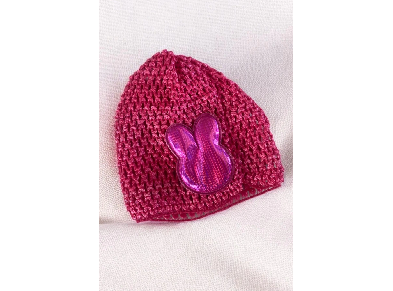 Fuşya Renk Tavşan Figürlü Örgü Detaylı Bebek Saç Bandı/ Saç Bonesi