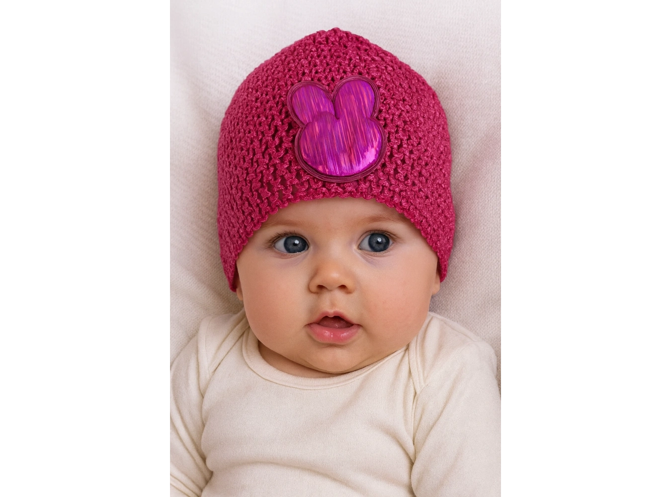 Fuşya Renk Tavşan Figürlü Örgü Detaylı Bebek Saç Bandı/ Saç Bonesi