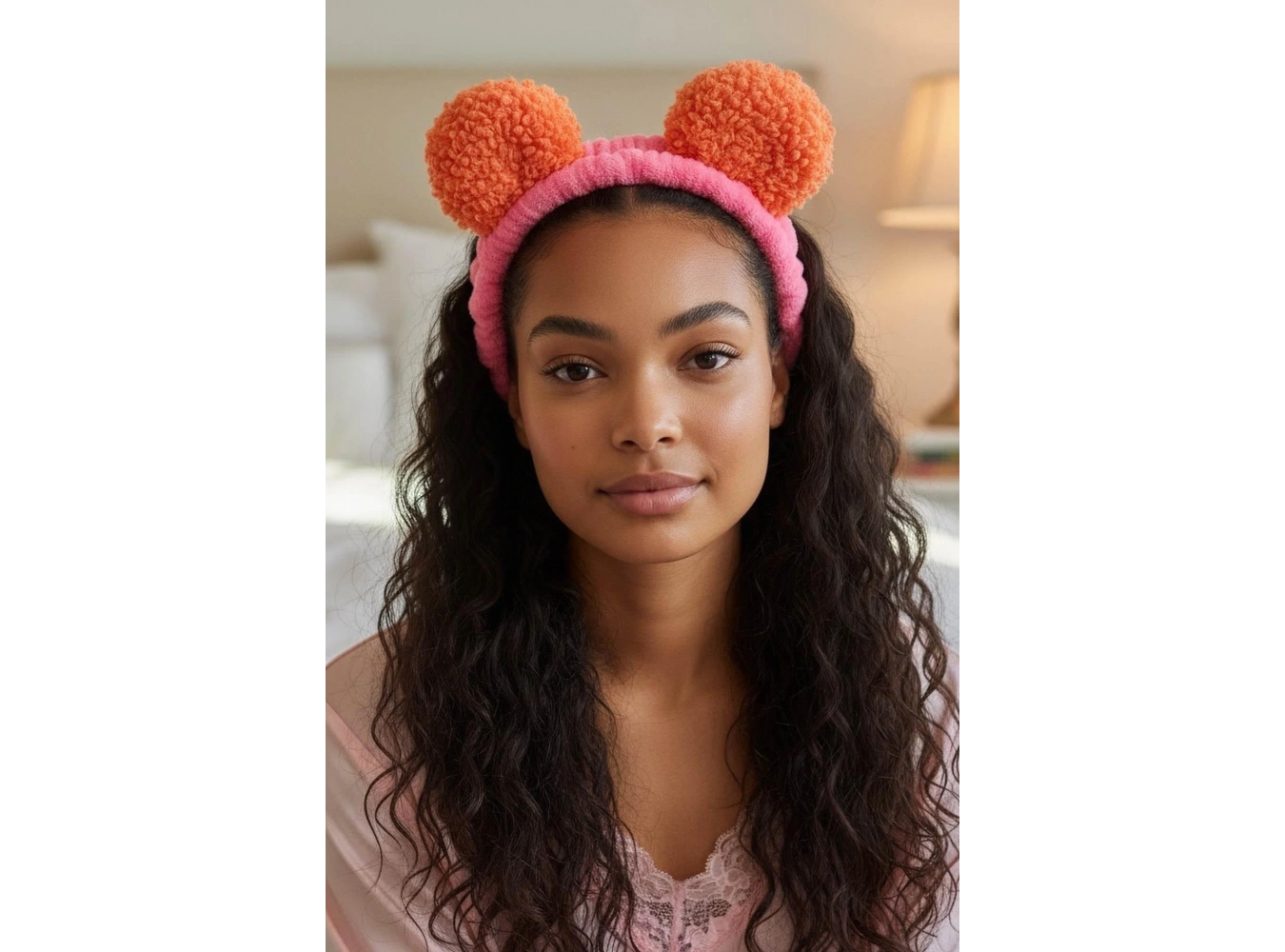 Fuşya Ve Turuncu Renk Kulak Detaylı Peluş Saç Bandı