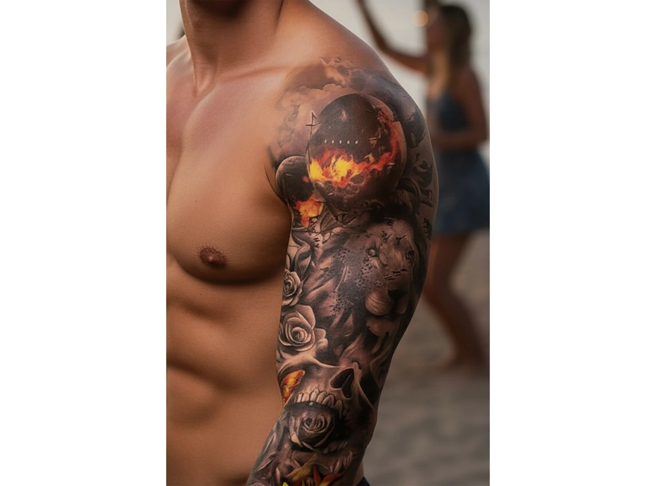 Geçici Aslan ve Kurukafa Modelli Kol Dövme Tattoo