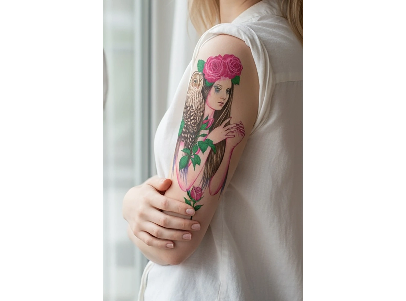 Geçici Kadın, Gül ve Baykuş Dövme Tattoo