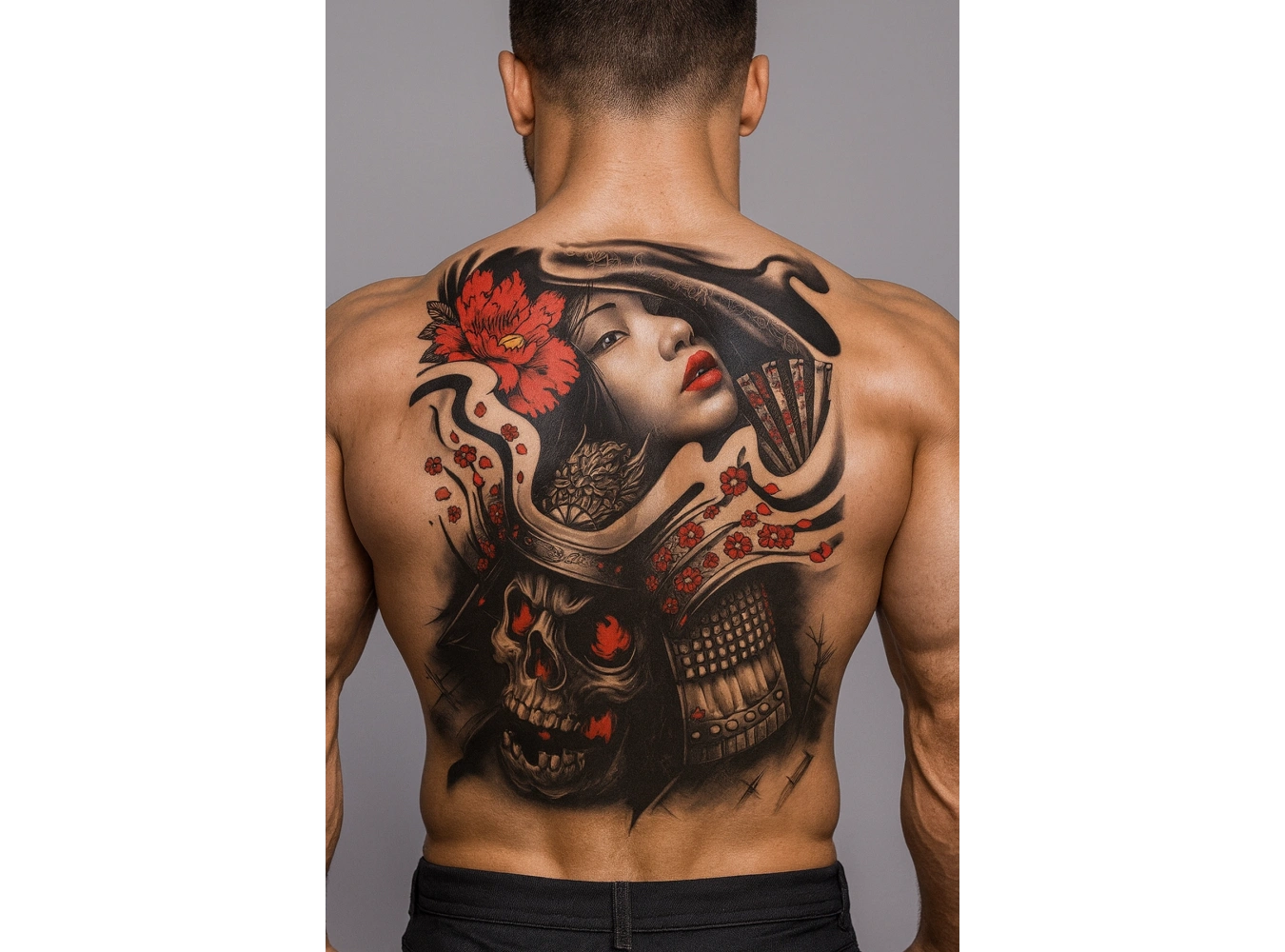 Geçici Kadın ve Kurukafa Modelli Sırt Dövme Tattoo