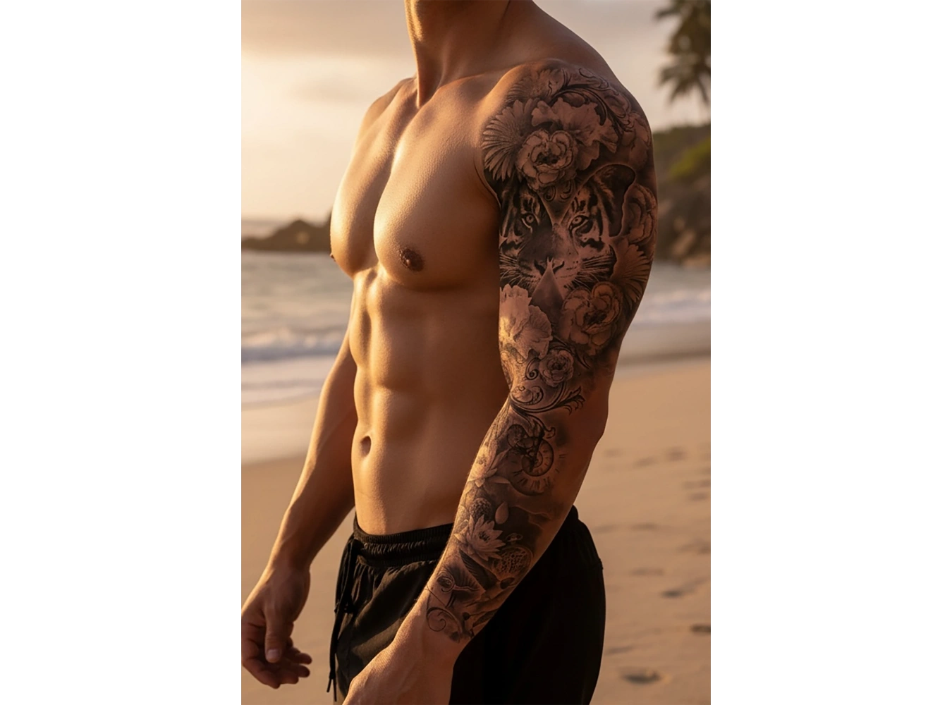 Geçici Kaplan ve Çiçek Kol Dövme Tattoo